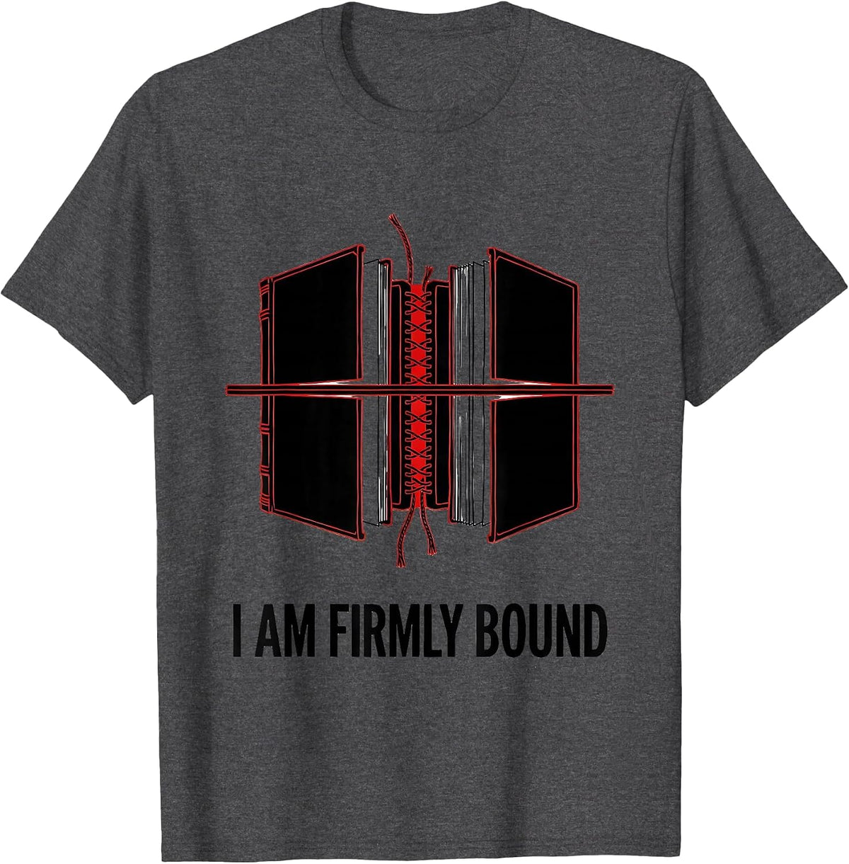 Men's I Am Firmly Bound Exploded Book Spine Literary Humor Novelty T-Shirt - Dark Heather Grey