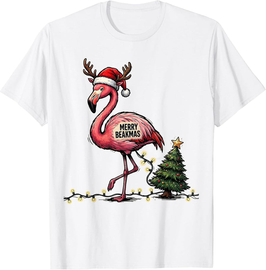Men's Merry Beakmas Pink Flamingo Funny Christmas in July Novelty T-Shirt - White