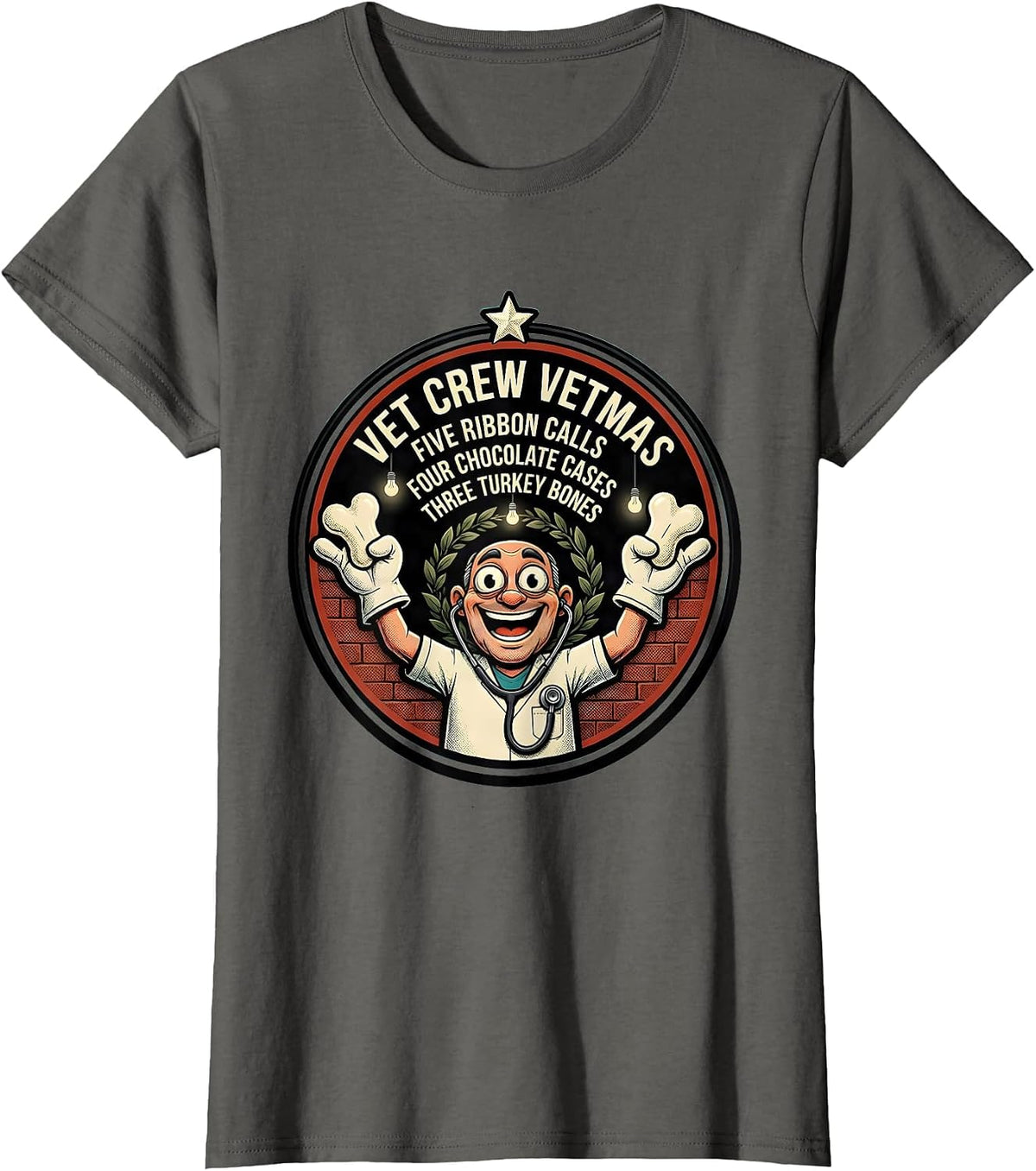 Women's Vet Crew Vetmas Retro Cartoon Veterinary Staff Christmas T-Shirt - Asphalt Grey