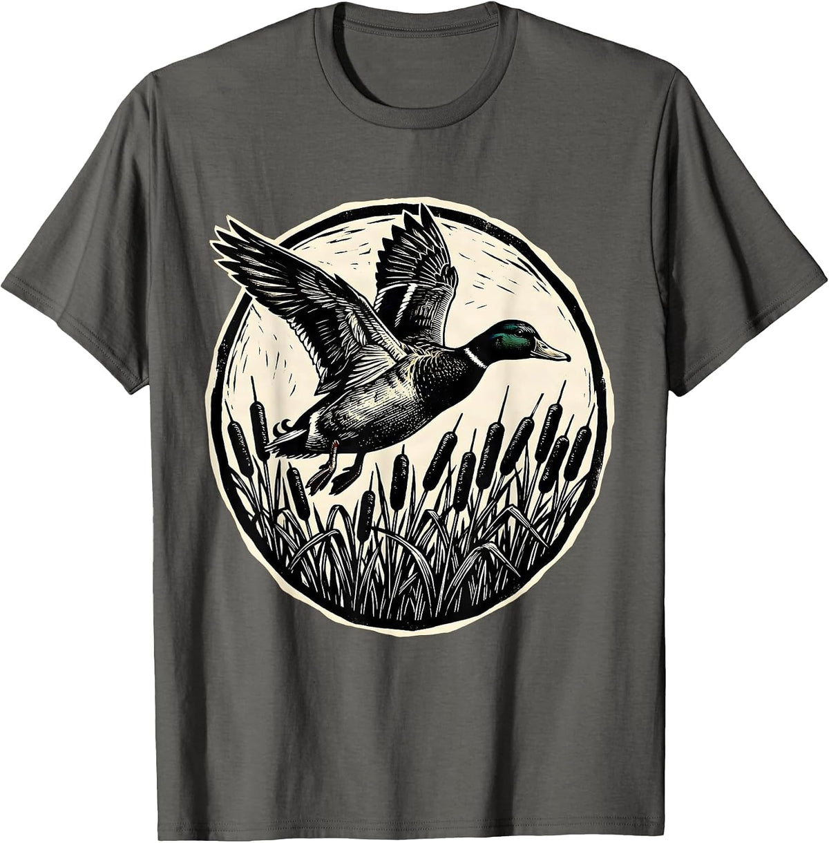 Duck Flying Over Cattail Reeds Nature Illustration T-Shirt - Asphalt Grey