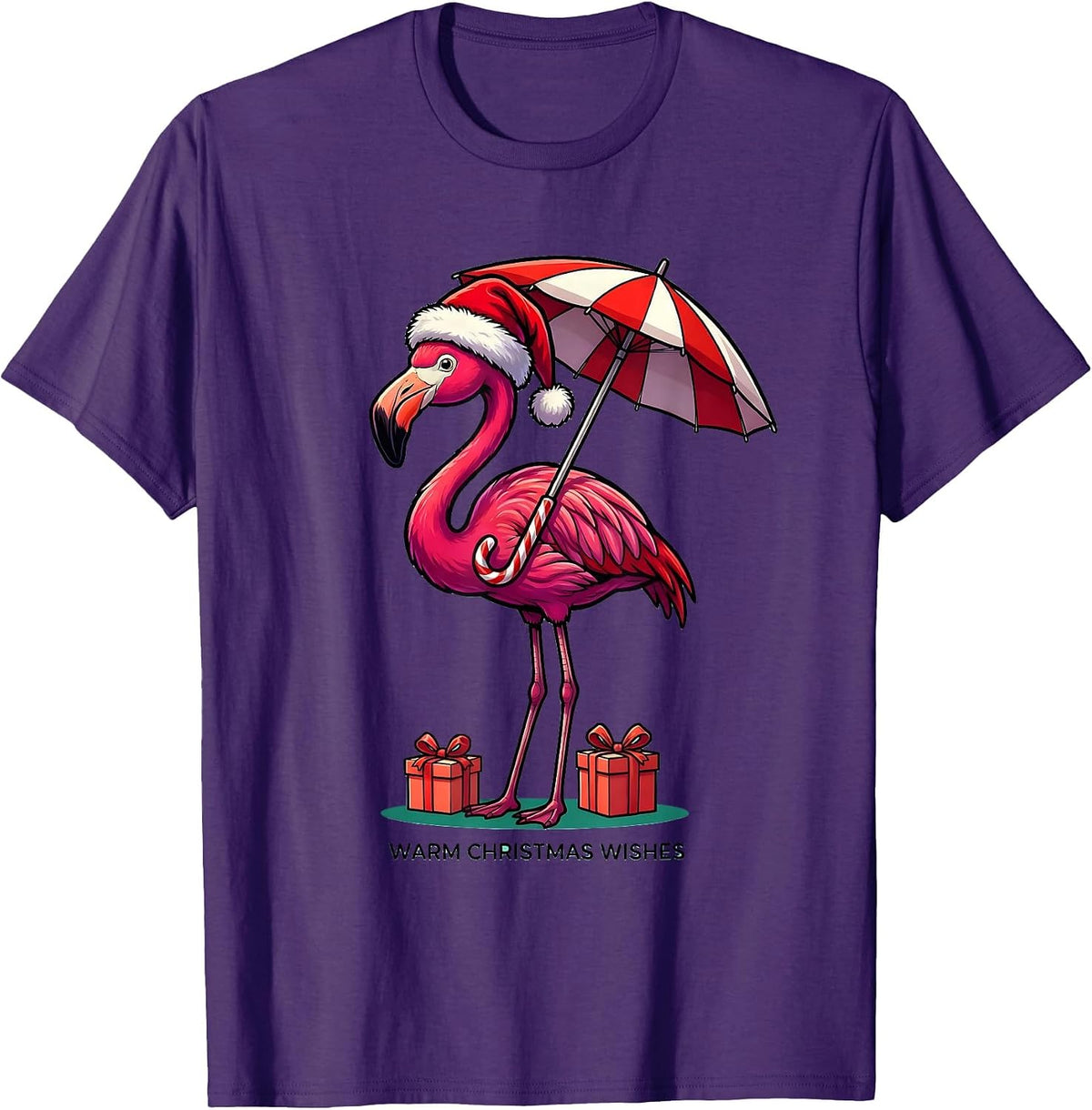 Warm Christmas Wishes Cartoon Pink Flamingo Santa Hat Funny T-Shirt - Purple