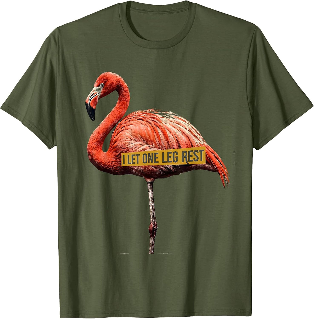 Men's I Let One Leg Rest Funny Flamingo Animal Humor Retro T-Shirt - Olive Green