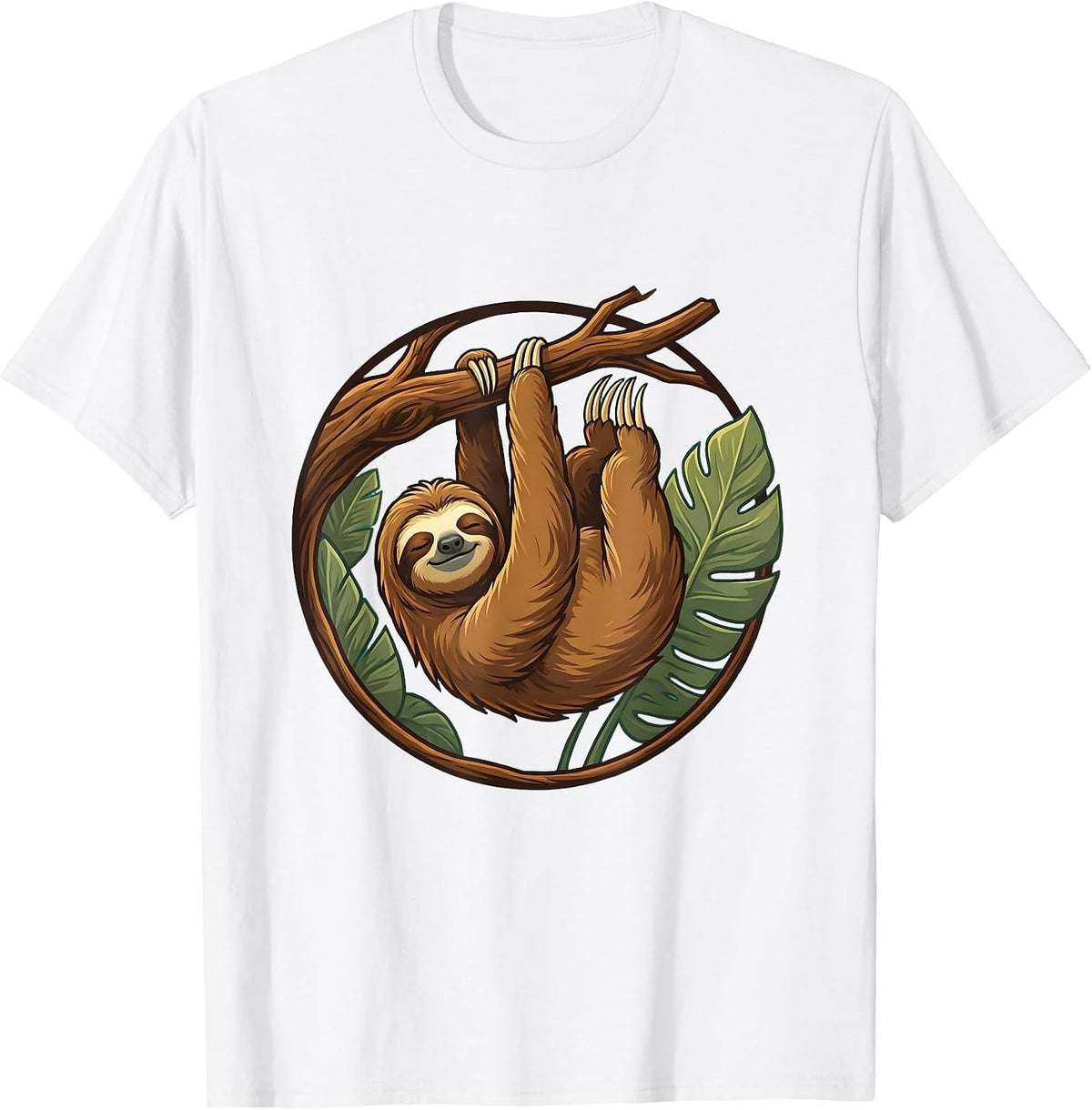 Sleepy Sloth Hanging From Branch Illustration T-Shirt - White