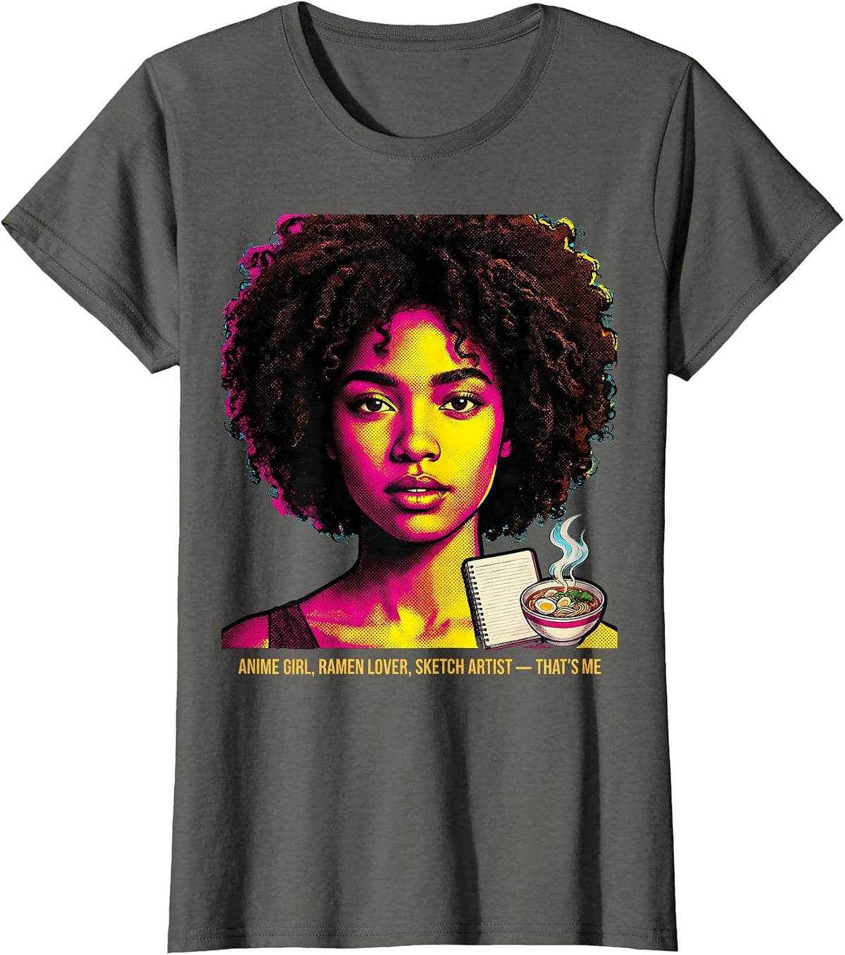 Women's Anime Girl Ramen Lover Sketch Artist That's Me Afro T-Shirt - Asphalt Grey