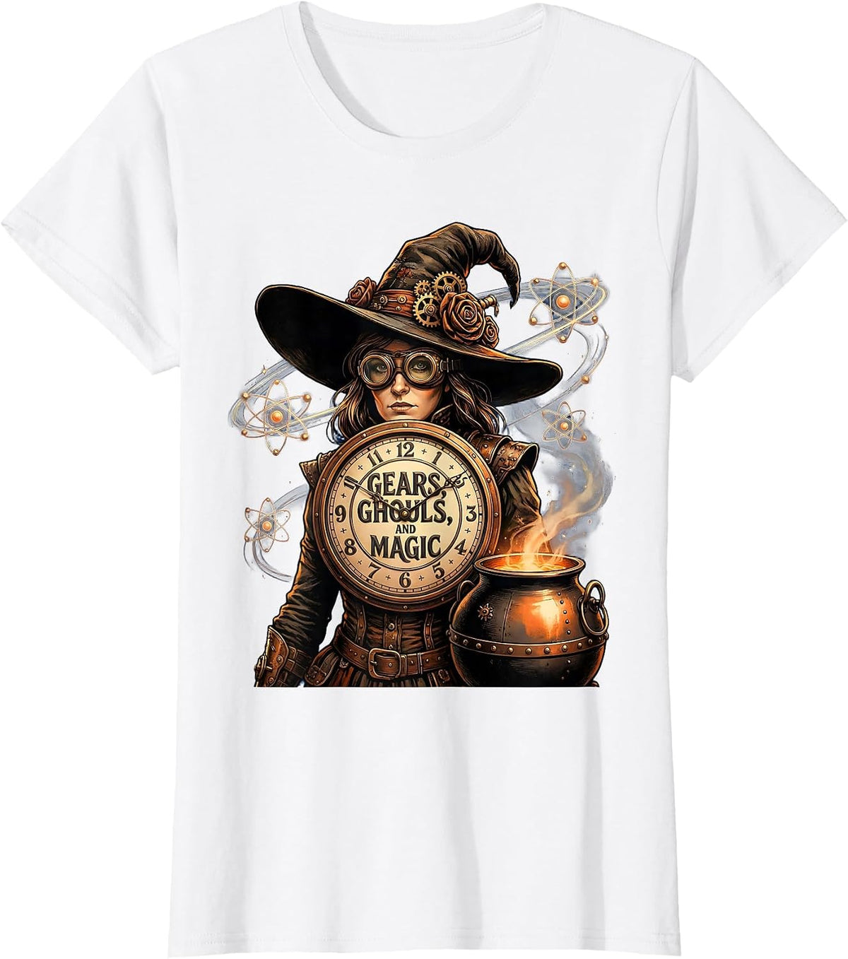 Gears Ghouls and Magic Steampunk Witch Design T-Shirt - White