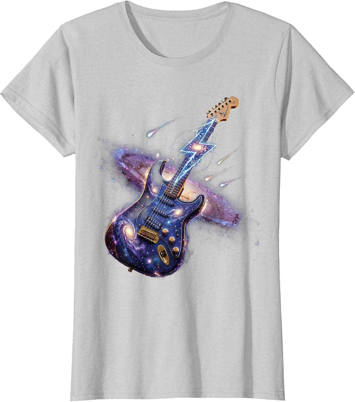 Lightning Bolt Electric Guitar Rock Music Graphic T-Shirt - Silver Grey