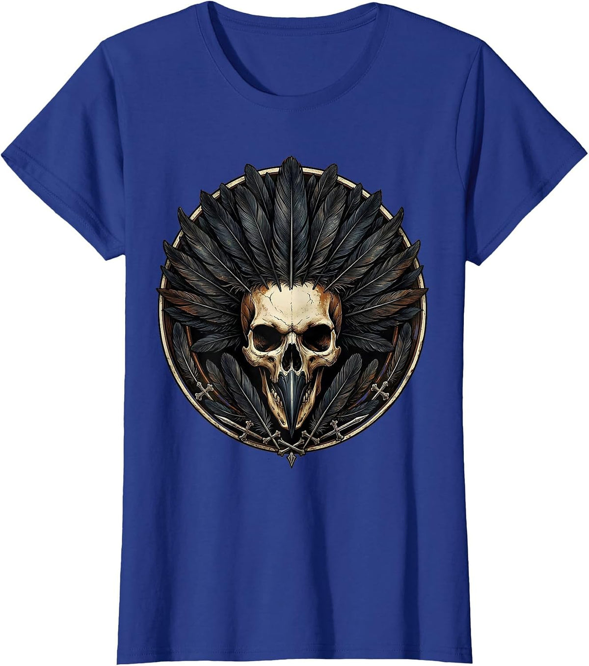 Women's Crow Skull Feather Crown Gothic Art Design T-Shirt - Royal Blue