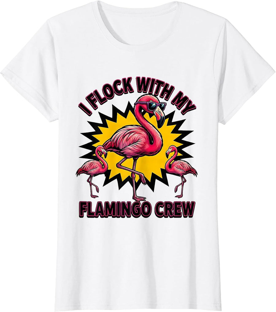 Women's I Flock With My Flamingo Crew Pop Art Flamingo Humor T-Shirt - White