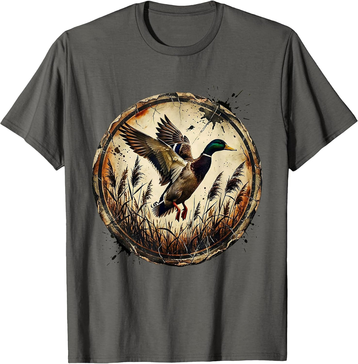 Men's Duck Taking Flight Over Marsh Reeds Illustration T-Shirt - Asphalt Grey
