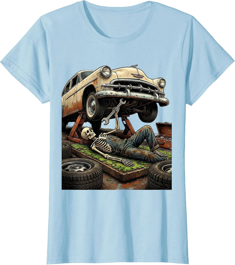 Women's Skeleton Mechanic Under Car Graphic Tee T-Shirt - Baby Blue