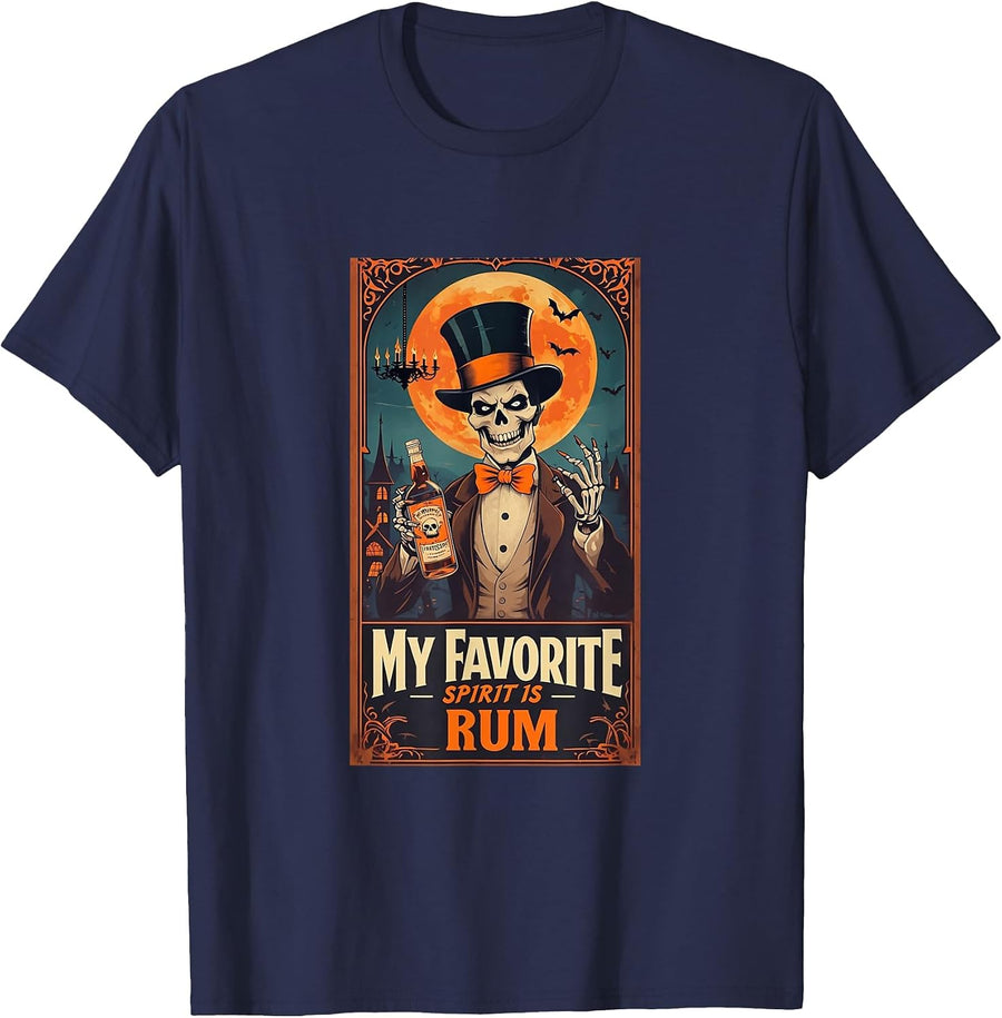 My Favorite Spirit is Rum Skull Spooky Ghost Halloween T-Shirt - Navy Blue