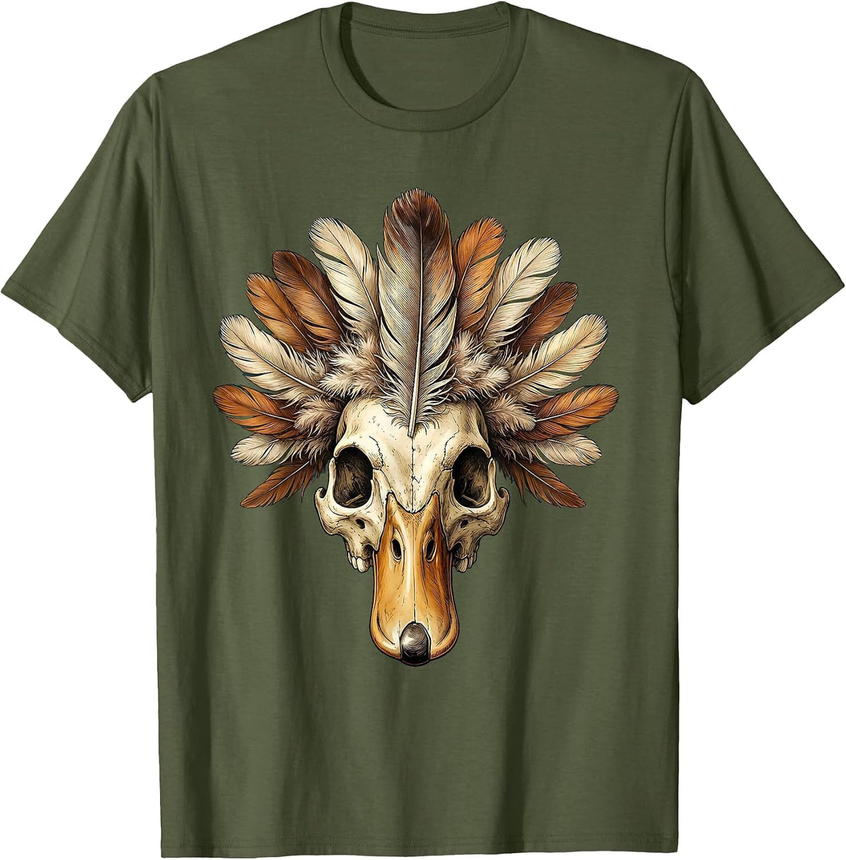Duck Skull Feather Crown Gothic Nature Art T-Shirt - Olive Green