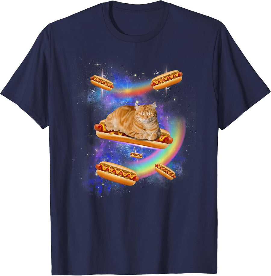 Hotdog Meme Funny Cat in Space Riding Glizzy Weird Hot Dog T-Shirt - Navy Blue