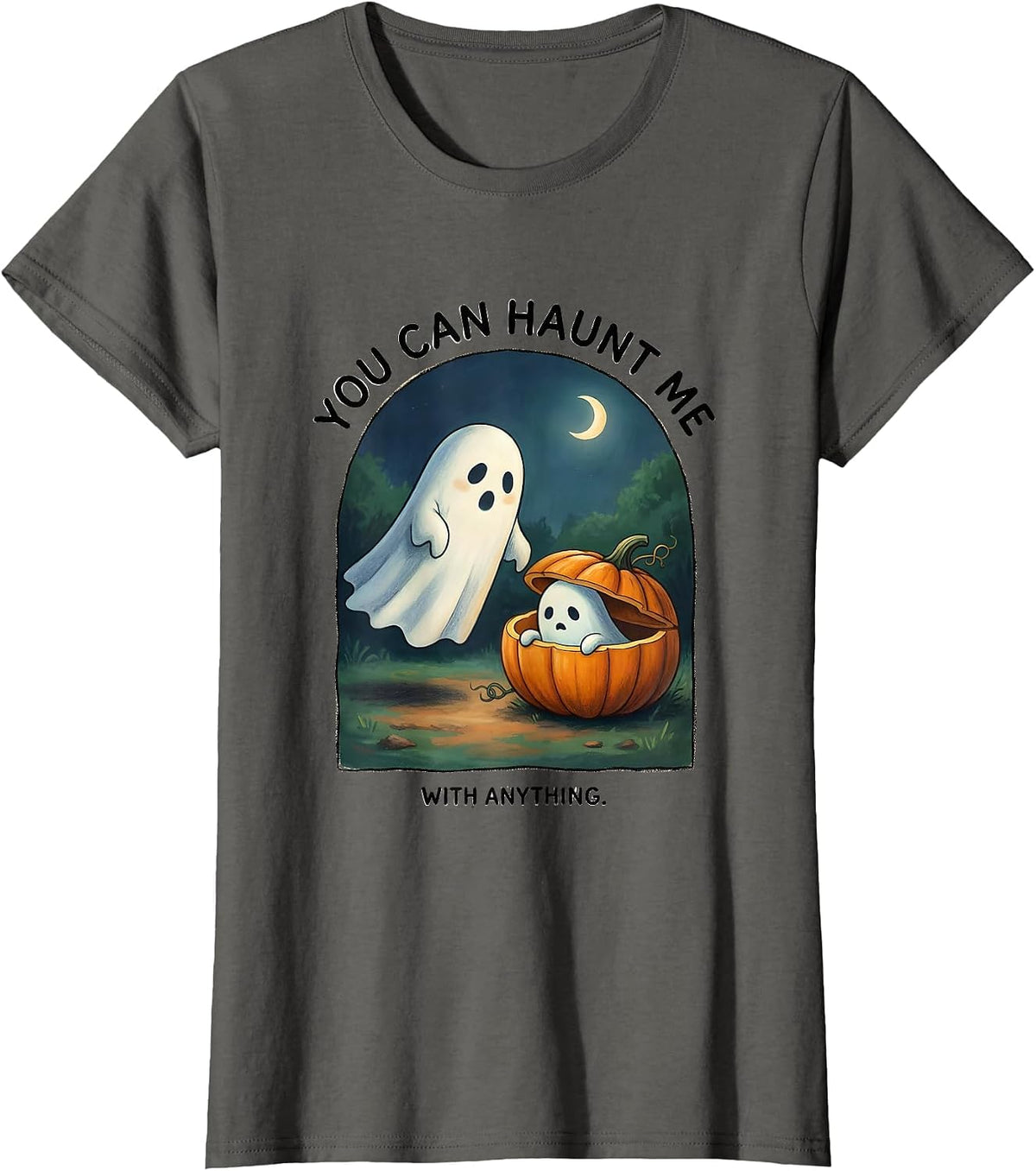 Women's You Can Haunt Me With Anything Storybook Ghost Halloween T-Shirt - Asphalt Grey