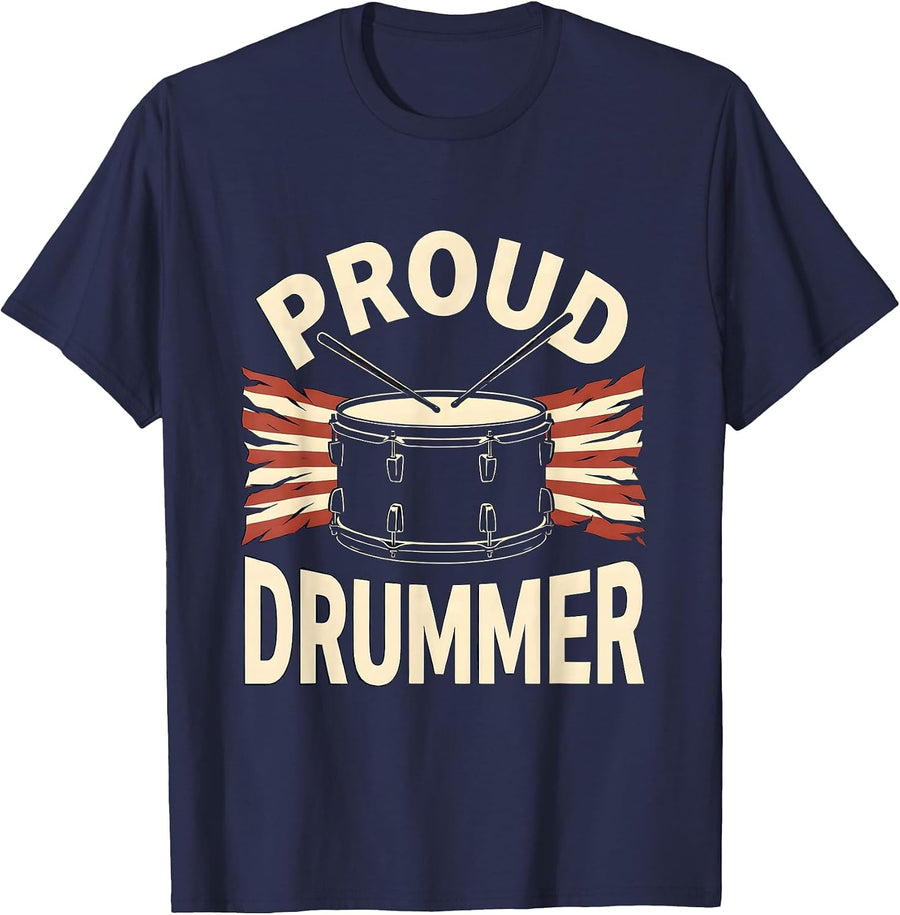 Proud Drummer Silhouette American Flag Patriotic Drummer T-Shirt - Navy Blue