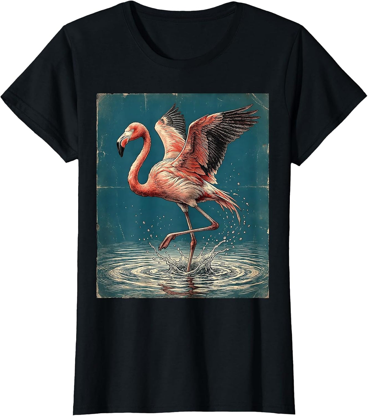 Flamingo Splashing Through Pink Water Art T-Shirt - Black