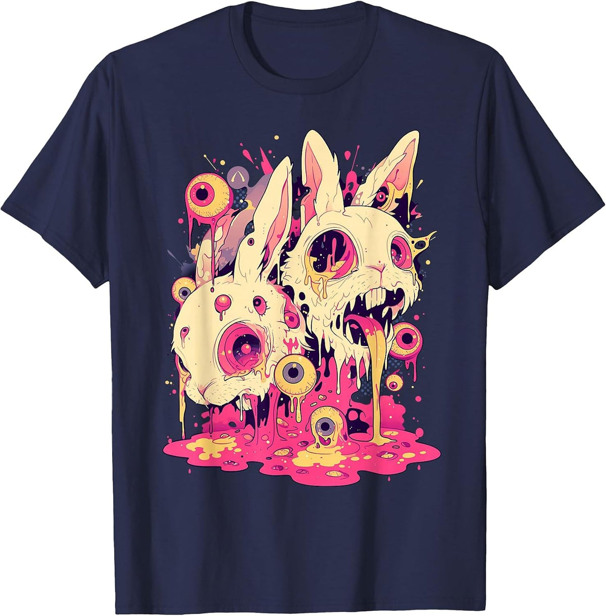Psychedelic Creepy Horror Bunny Rabbit Weirdcore Shirt Tees T-Shirts Goth - Navy Blue