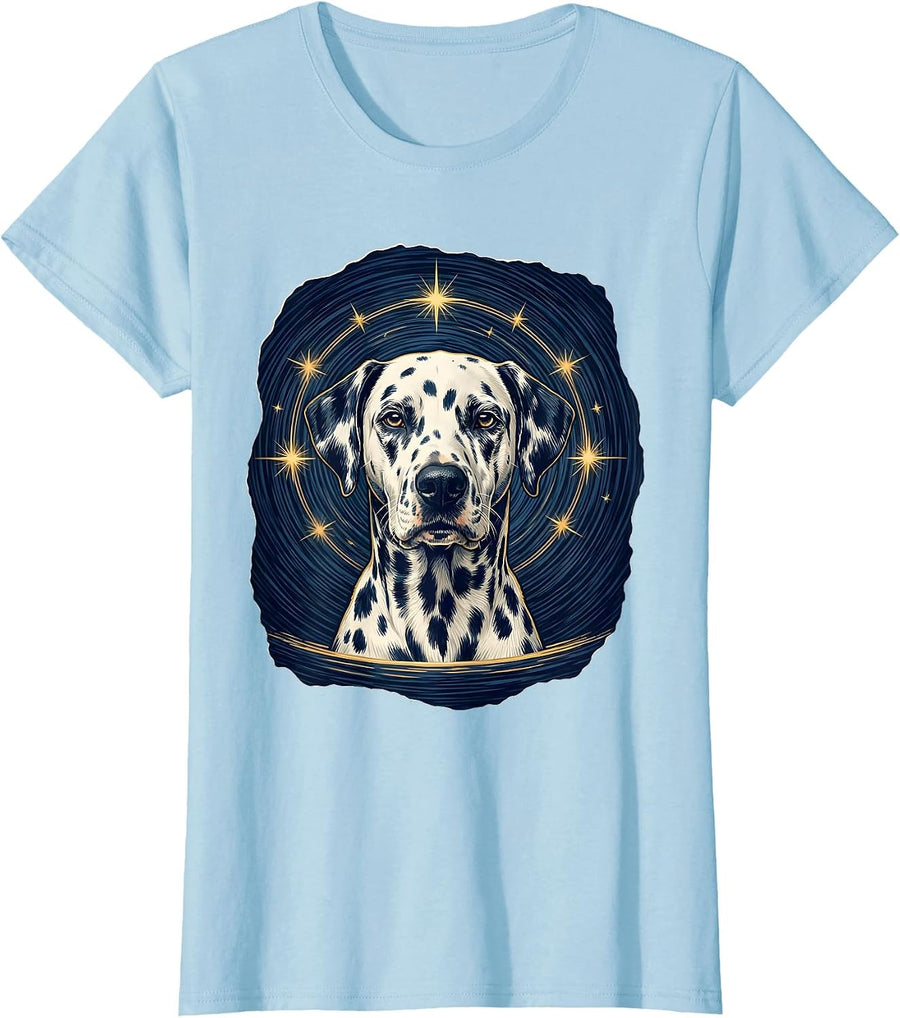 Women's Dalmatian Van Gogh Starry Night Dog Portrait Art T-Shirt - Baby Blue