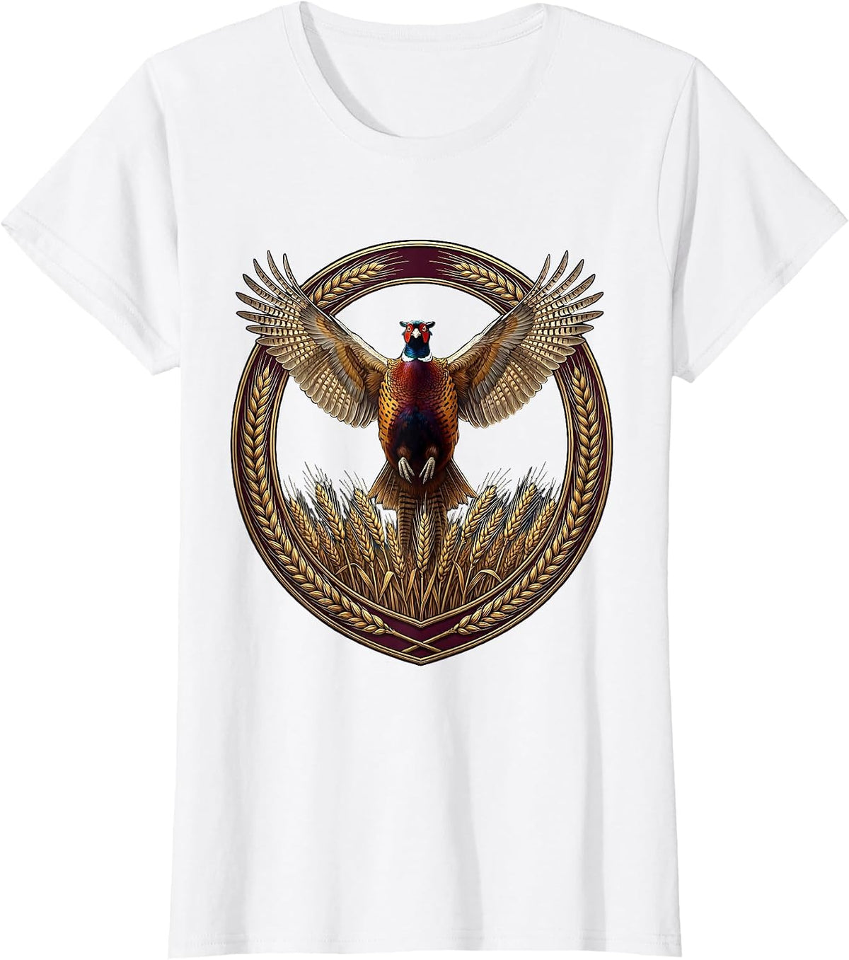 Pheasant Burst Golden Wheat Field Illustration T-Shirt - White