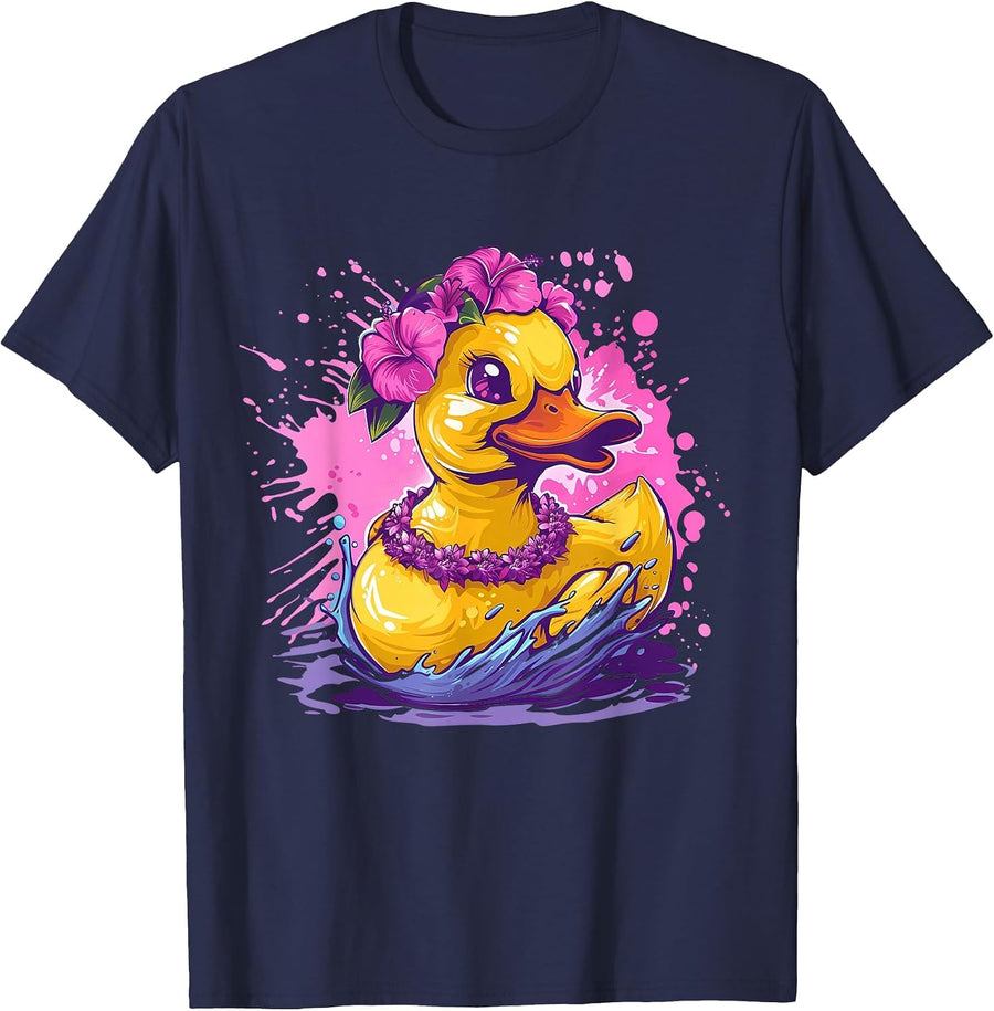 Rubber Duck Hawaiian Hawaii Watercolor Rubber Duckling T-Shirt - Navy Blue