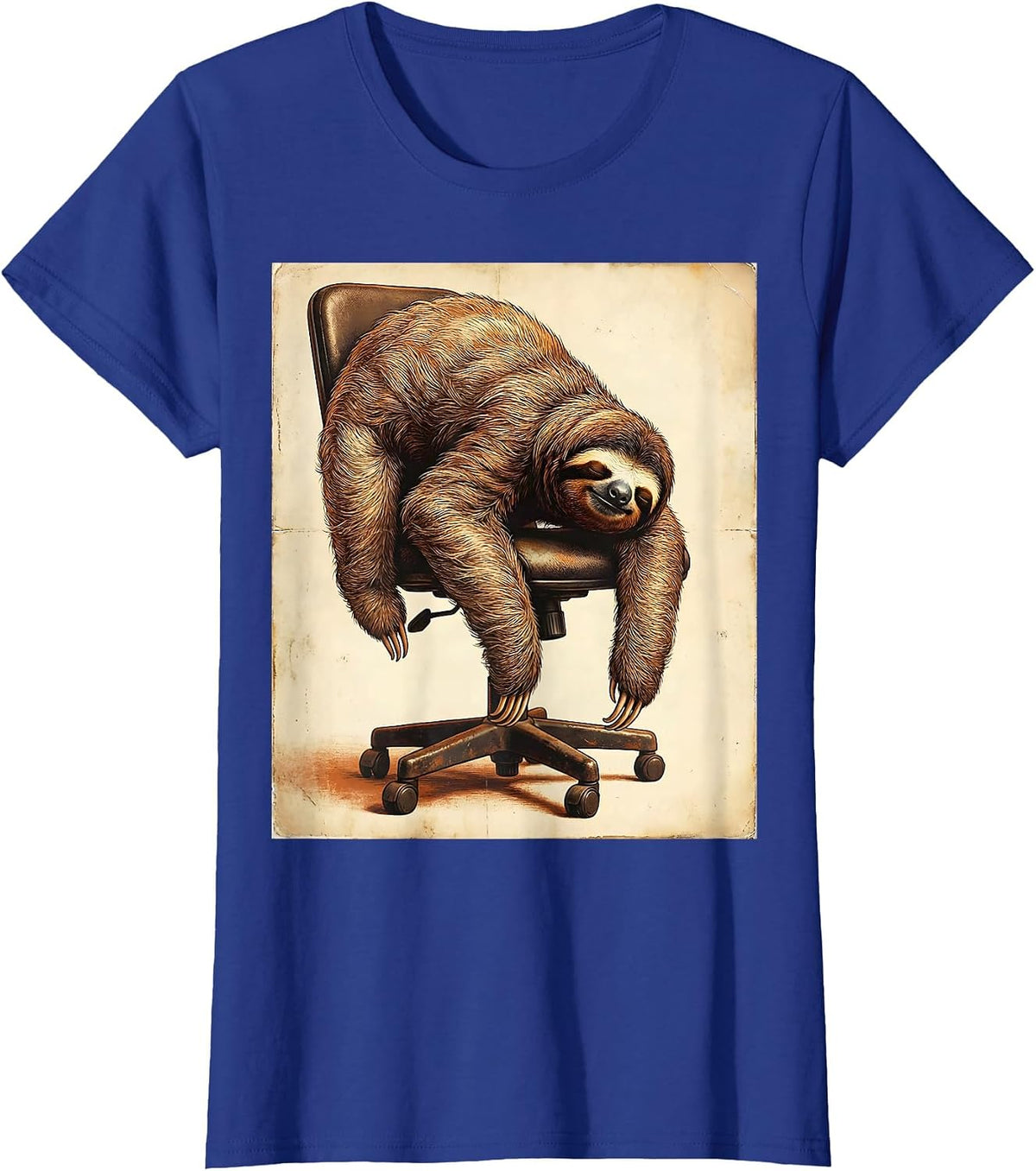 Women's Funny Napping Sloth Office Chair Humor Graphic T-Shirt - Royal Blue