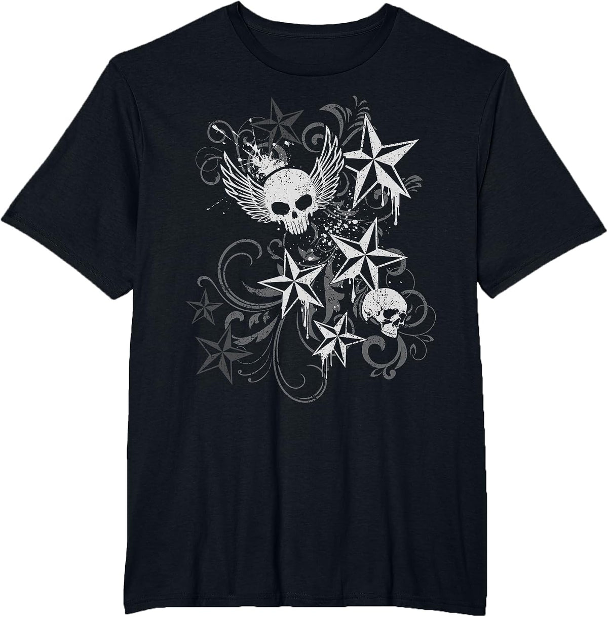 Y2k Grunge Skull Wings 2000s 90s Emo Harajuku Goth T-Shirt - Black