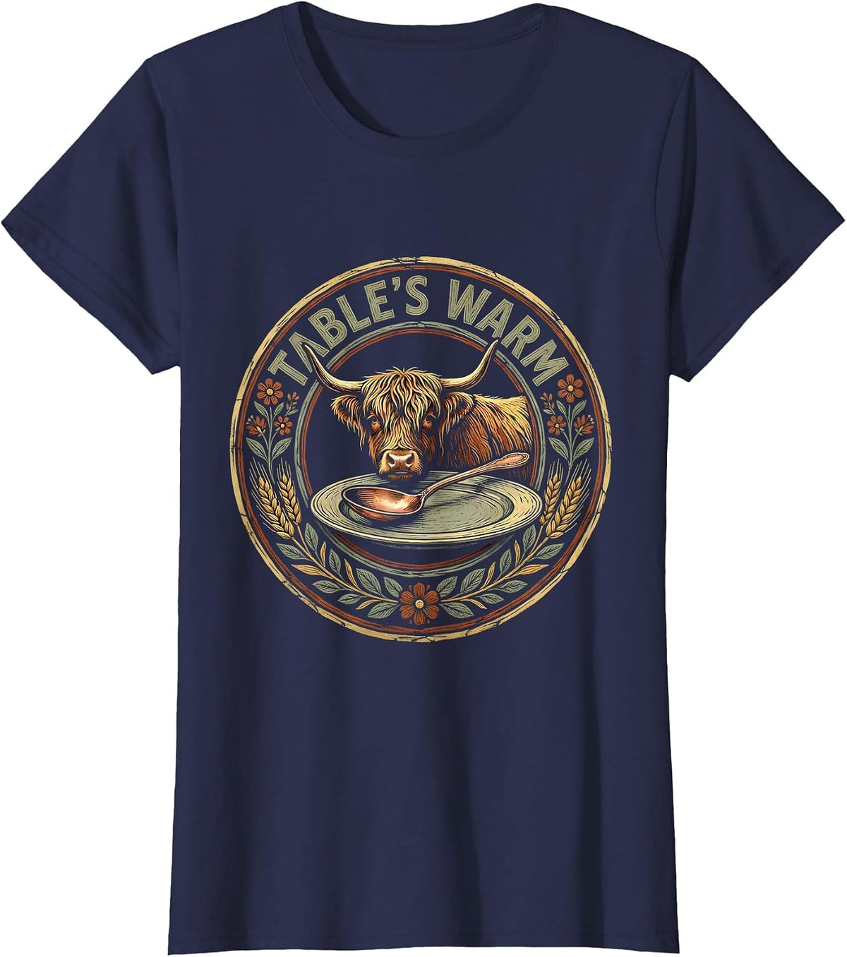 Women's Table's Warm Boho Folk Highland Cow Thanksgiving Gratitude T-Shirt - Navy Blue