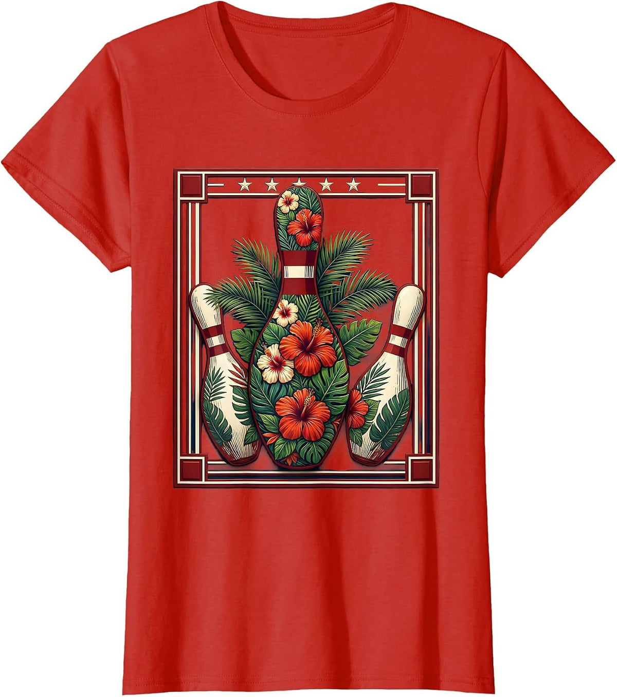 Retro Tropical Bowling Illustration Vintage Style T-Shirt - Red