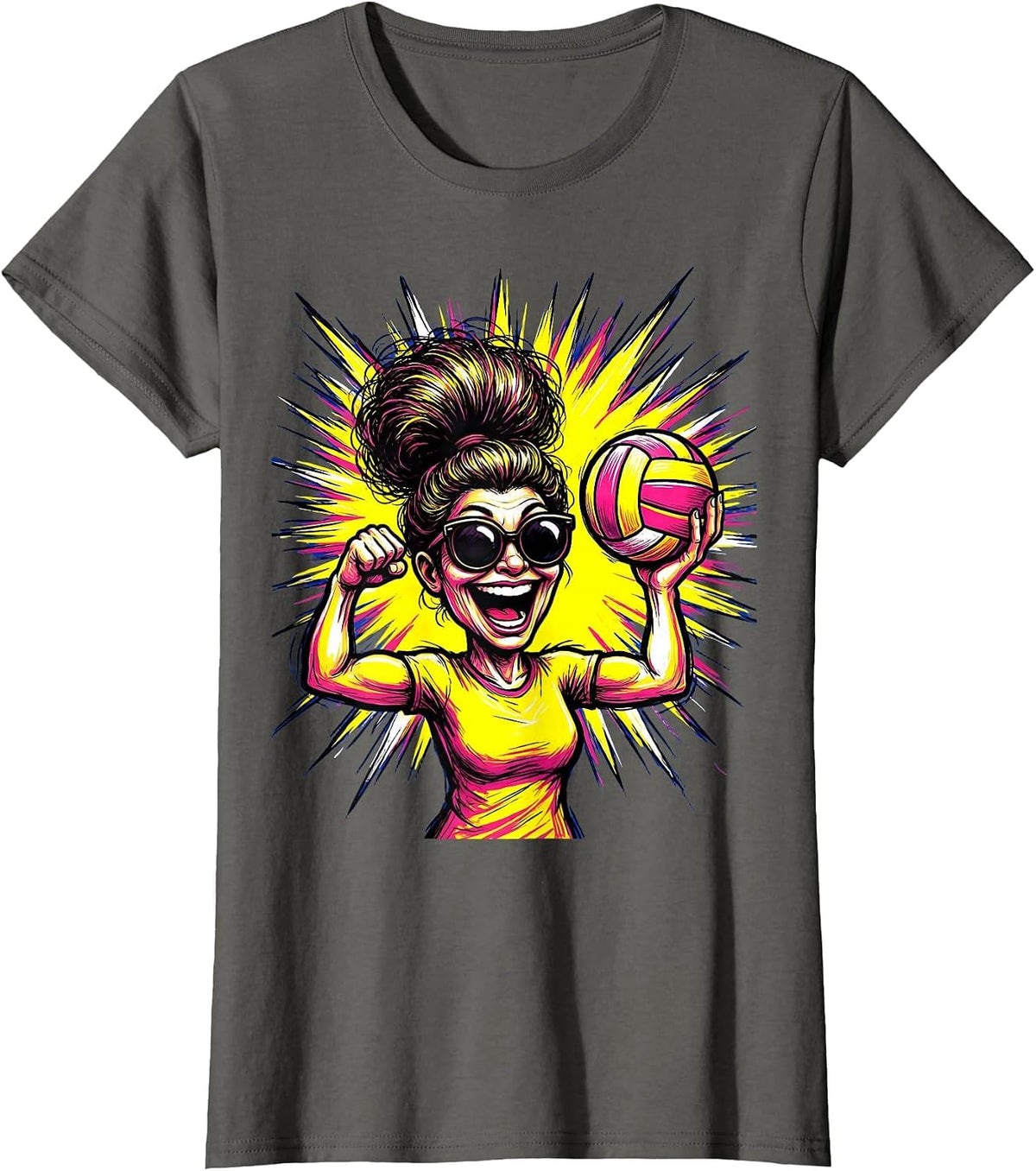 Women's Volleyball Mom Hand-Painted Sign Starburst Design T-Shirt - Asphalt Grey