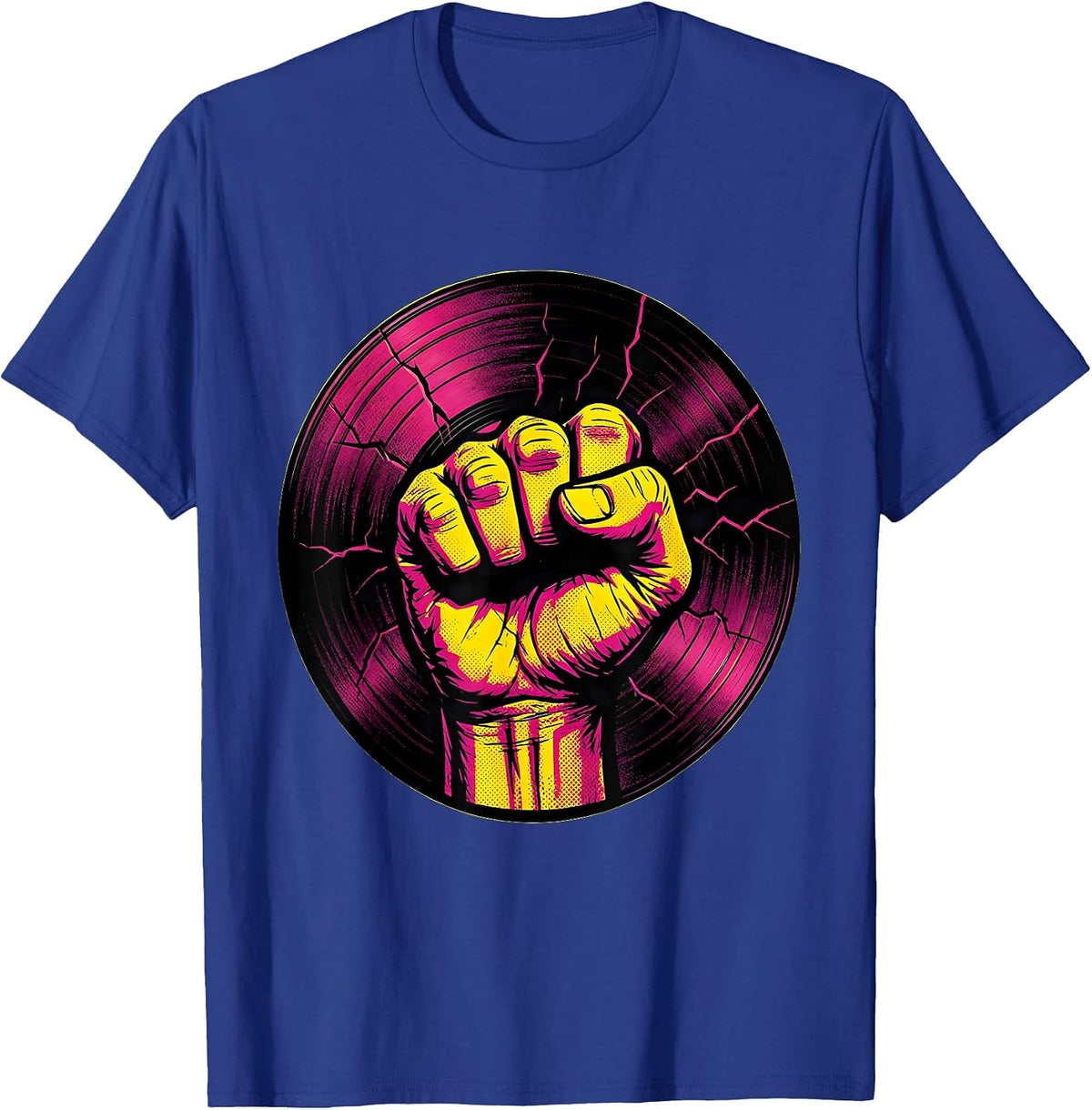 90s Rock Fist Cracked Vinyl Record Graphic T-Shirt - Royal Blue