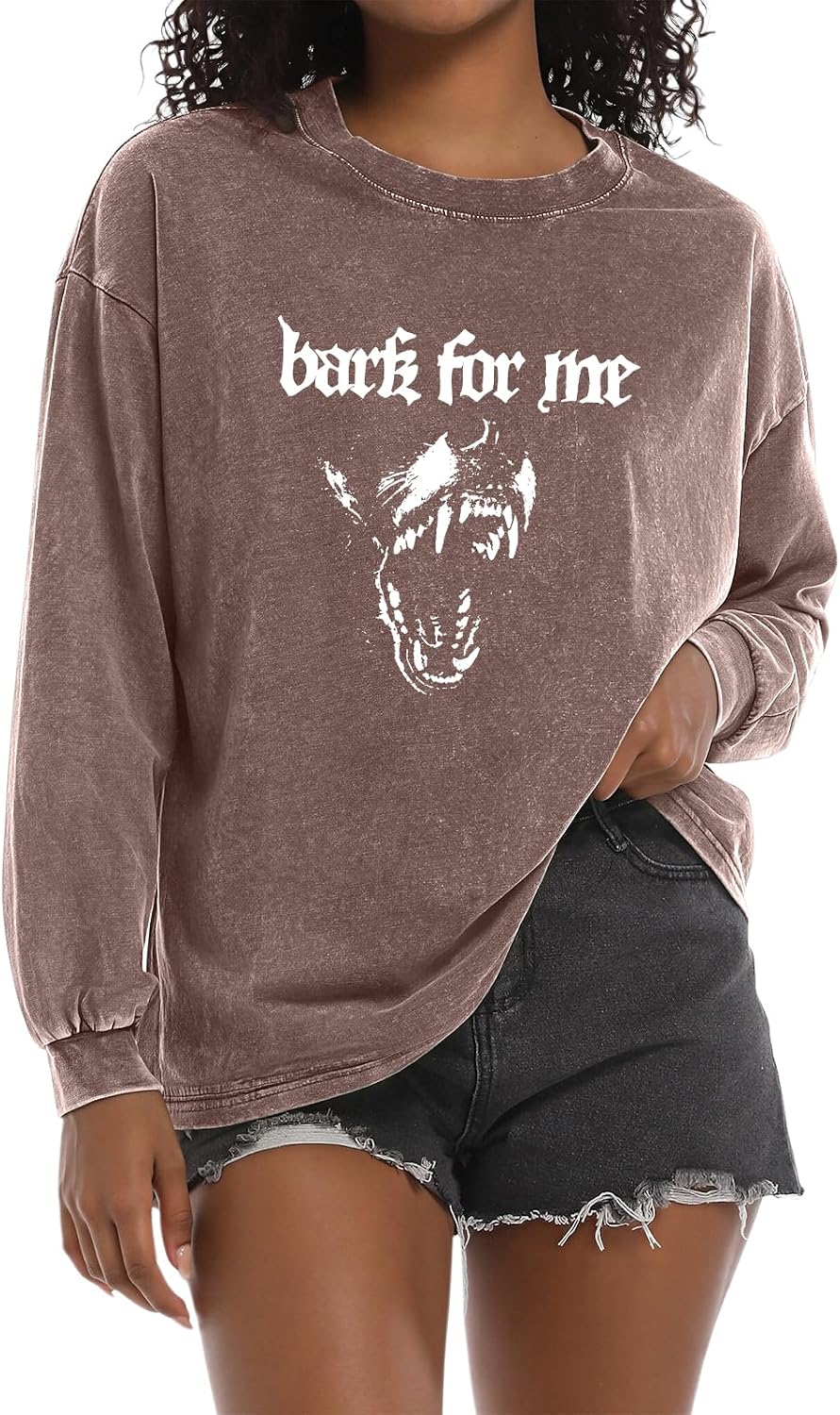 Women Goth Grunge Bark for Me Shirt Streetwear Graphic Tees Gothic Acid Wash Long Sleeve Shirts - Coffee