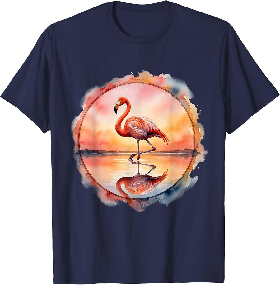 Flamingo Sunset One Leg Silhouette Graphic T-Shirt - Navy Blue