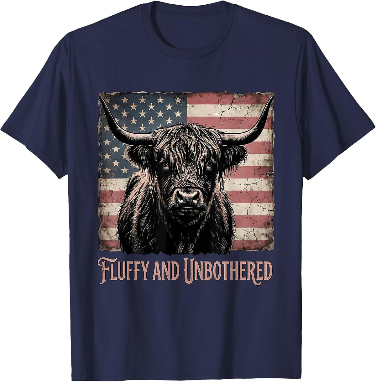 Fluffy and Unbothered Highland Cow Design T-Shirt - Navy Blue