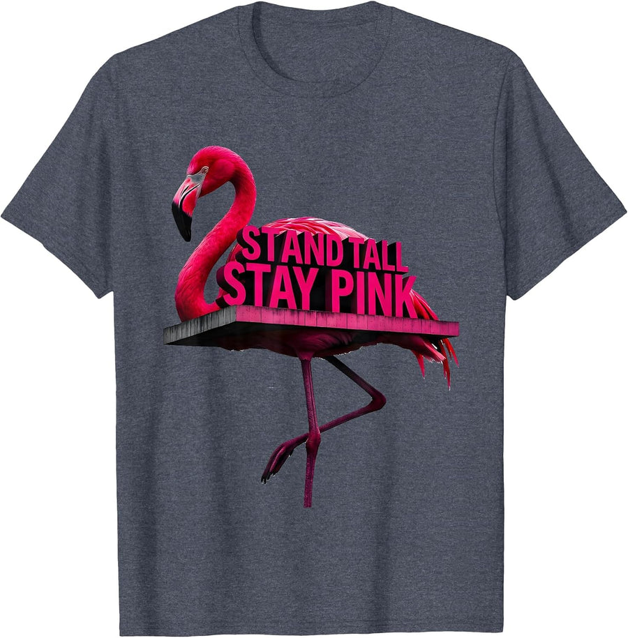 Stand Tall Stay Pink Flamingo Design T-Shirt - Heather Blue