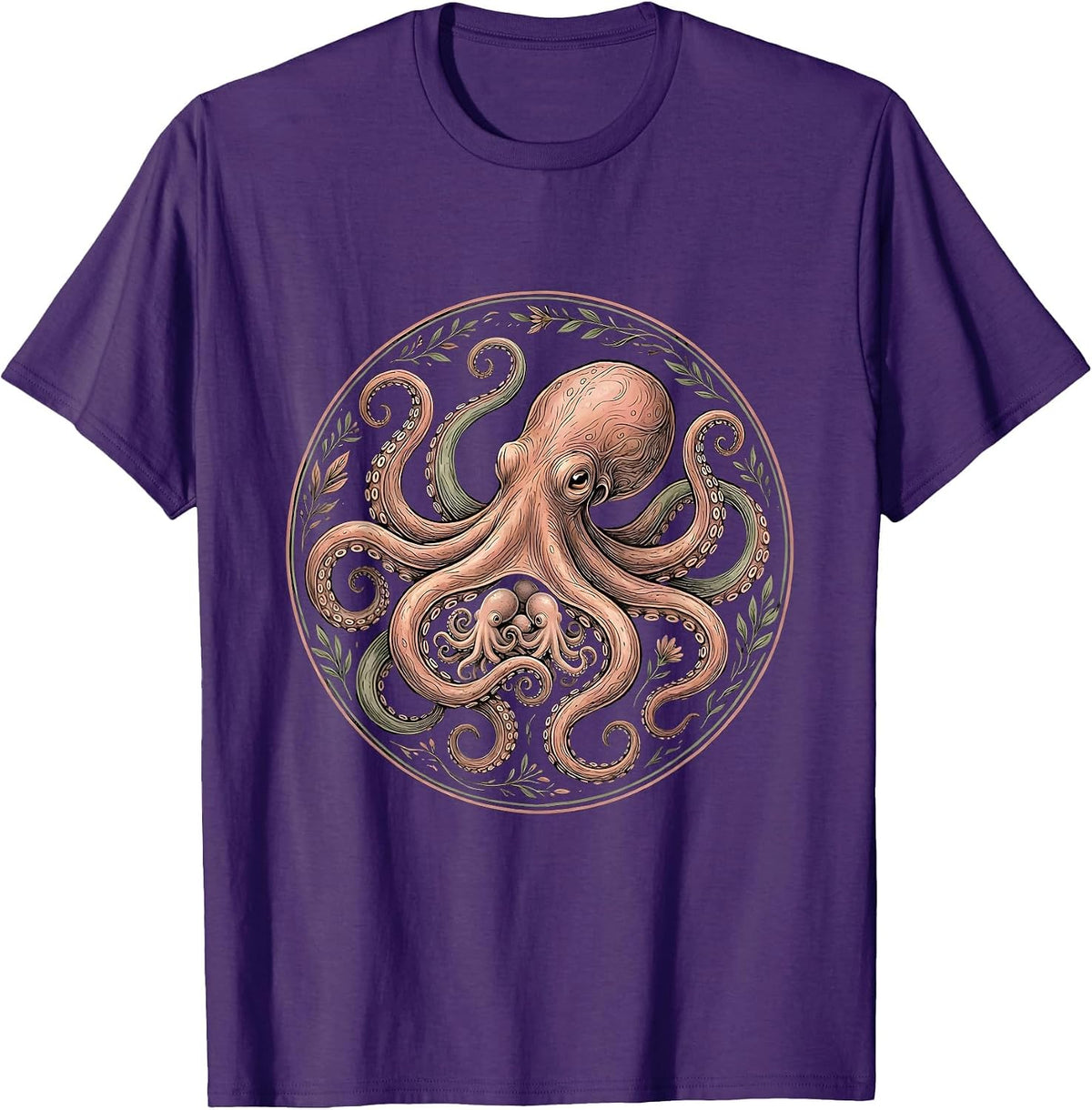 Octopus Mom and Hatchlings Cute Sea Life Design T-Shirt - Purple