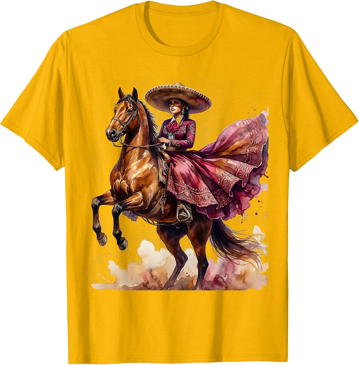 Charra on Horseback Mexican Equestrian Art T-Shirt - Golden Yellow