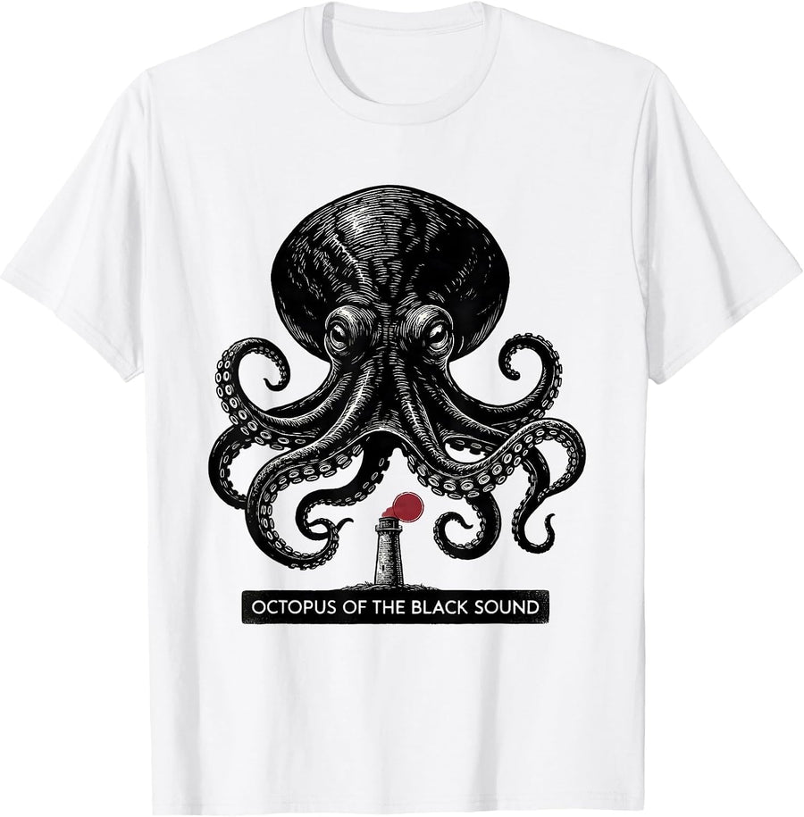 Men's Octopus of the Black Sound Scratchboard Ocean Animal Lover T-Shirt - White