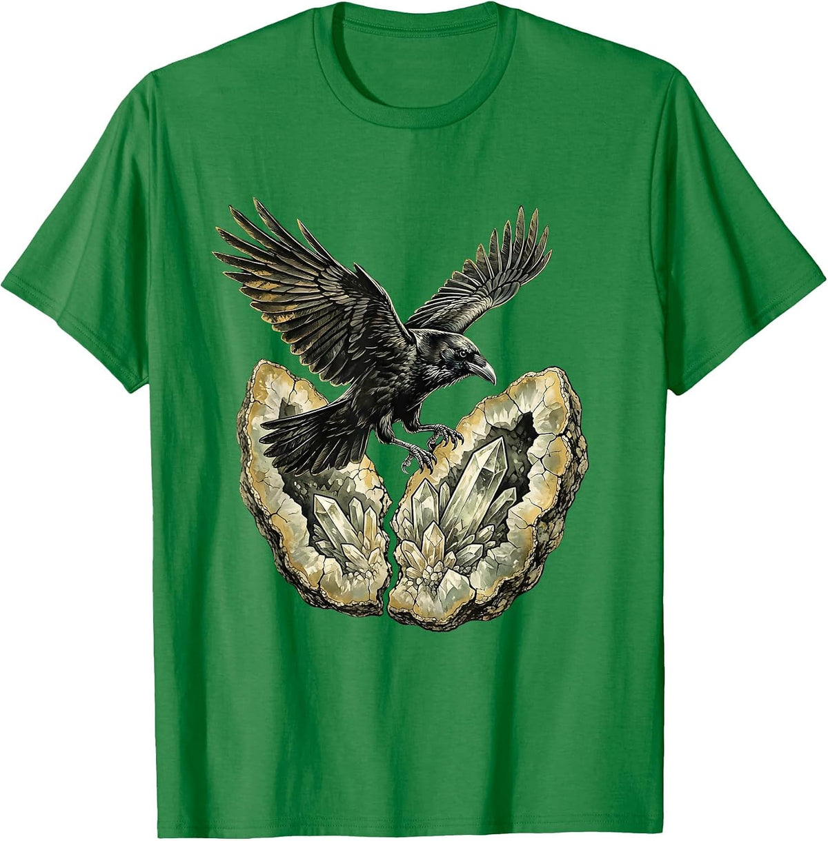 Men's Crow Landing on Cracked Geode Illustration T-Shirt - Kelly Green