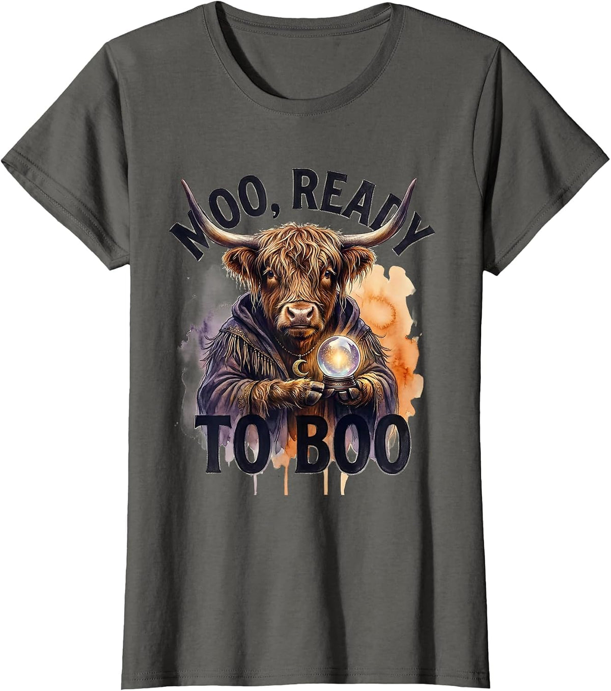 Women's Moo, Ready To Boo Watercolor Highland Cow Halloween Costume T-Shirt - Asphalt Grey