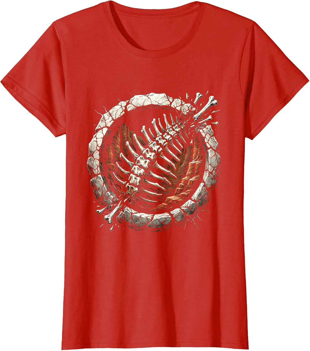 Fossilized Dinosaur Spine Cliff Face Illustration T-Shirt - Red