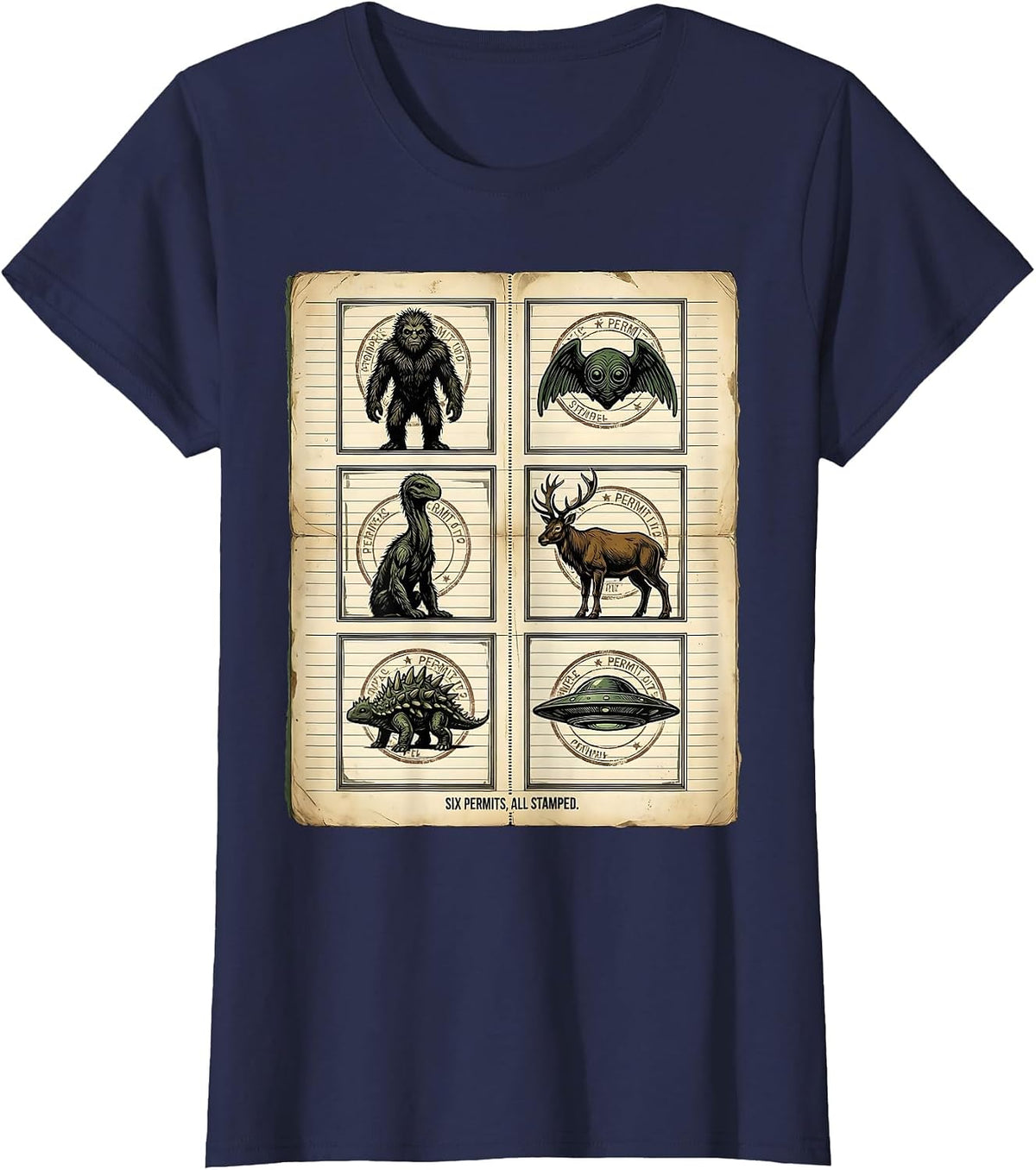 Women's Six Permits, All Stamped Vintage Cryptid Humor Cryptozoology T-Shirt - Navy Blue