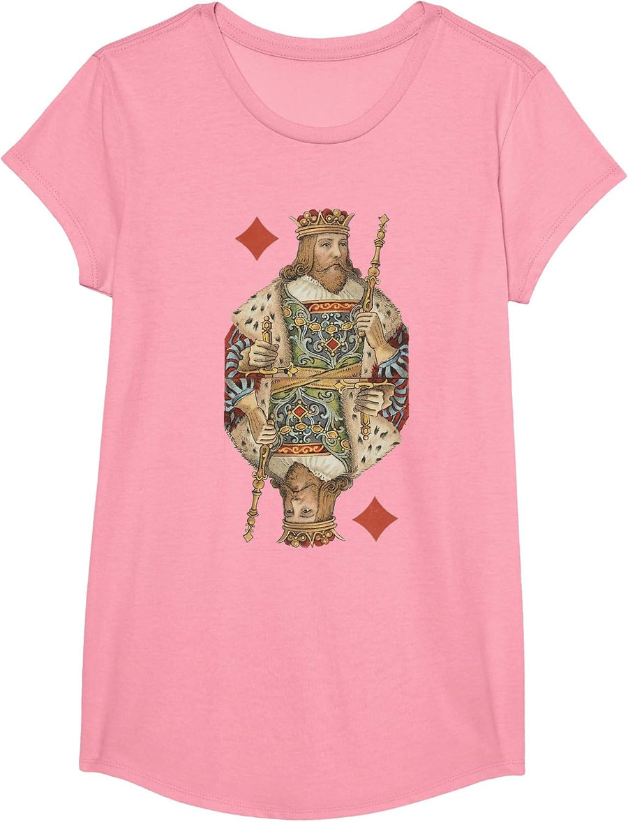 King of Diamonds Antique Art Nouveau Playing Card Art T-Shirt, Girls, Pink, Large - As Pictured