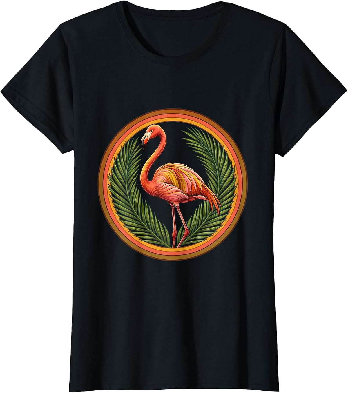 Tropical Flamingo Palm Leaves Hawaiian Design T-Shirt - Black