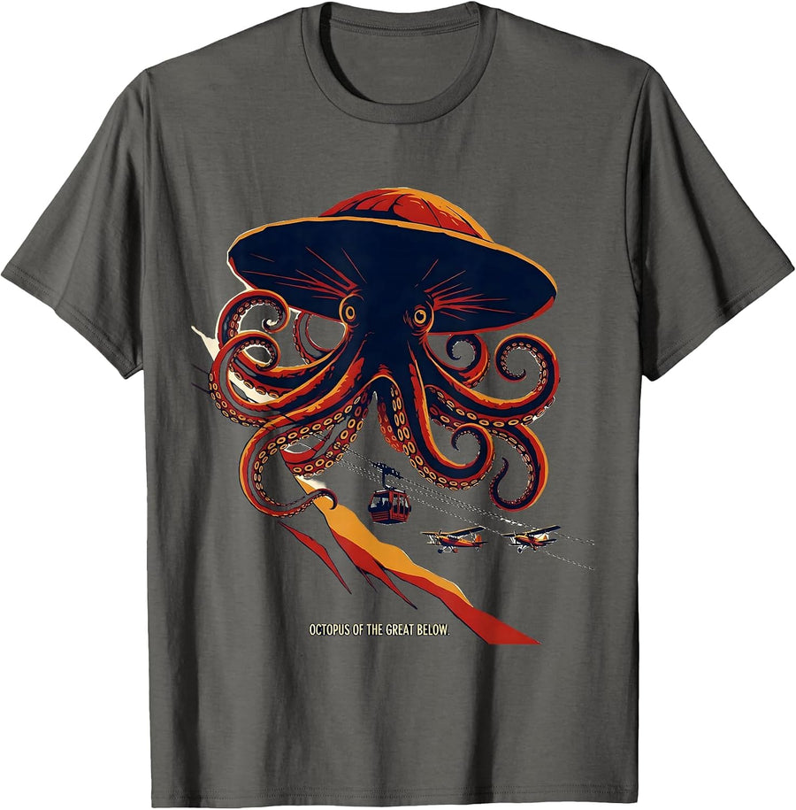 Octopus of the Great Below Vintage Japanese Ocean Animal T-Shirt - Asphalt Grey