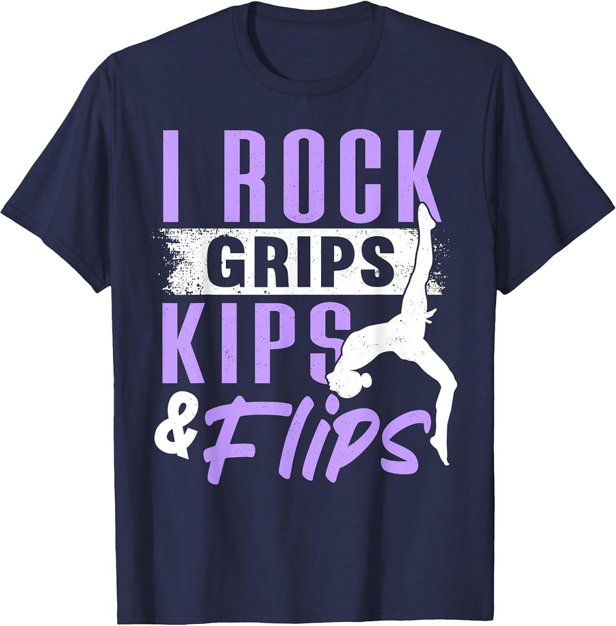 I Rock Grips KIPS Flips, Acrobat Tumbling Gymnast Gymnastics T-Shirt - Navy Blue