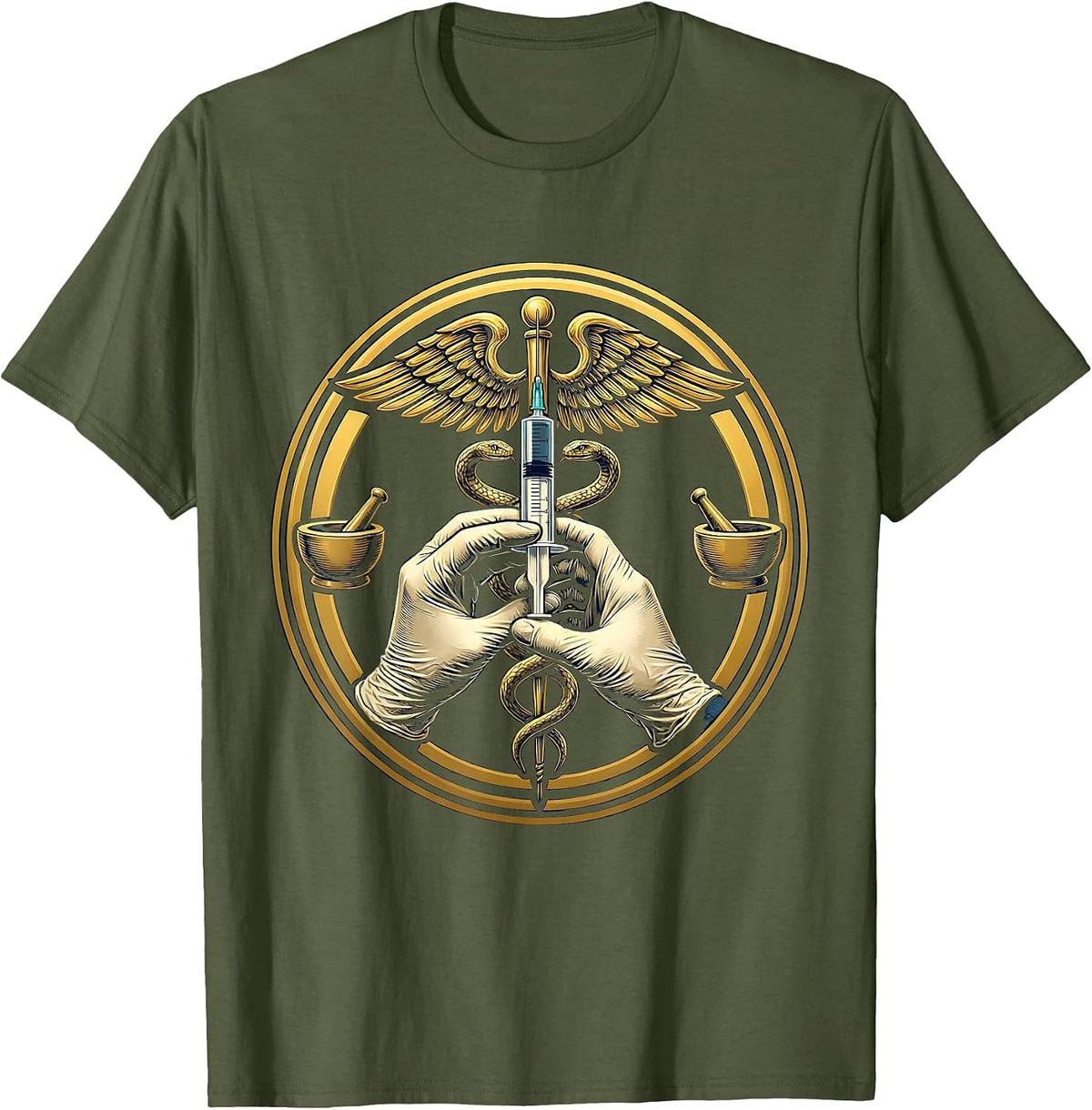 Pharmacy Technician Gloved Hands Syringe Graphic T-Shirt - Olive Green