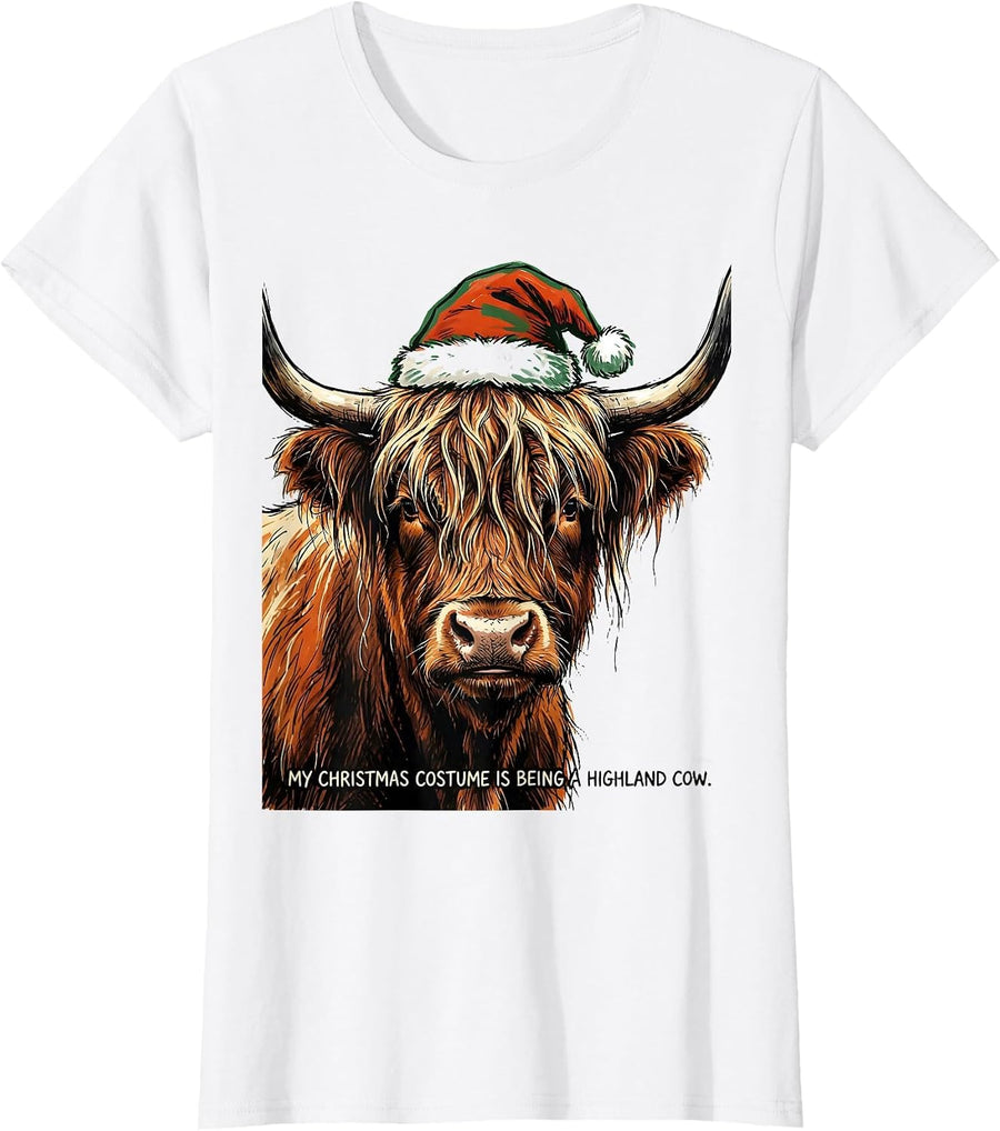 Women's My Christmas Costume Is Being A Highland Cow Holiday T-Shirt - White
