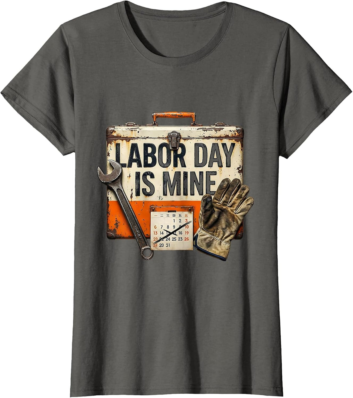 Women's Labor Day Is Mine Vintage Wrench Toolbox Blue Collar Worker T-Shirt - Asphalt Grey