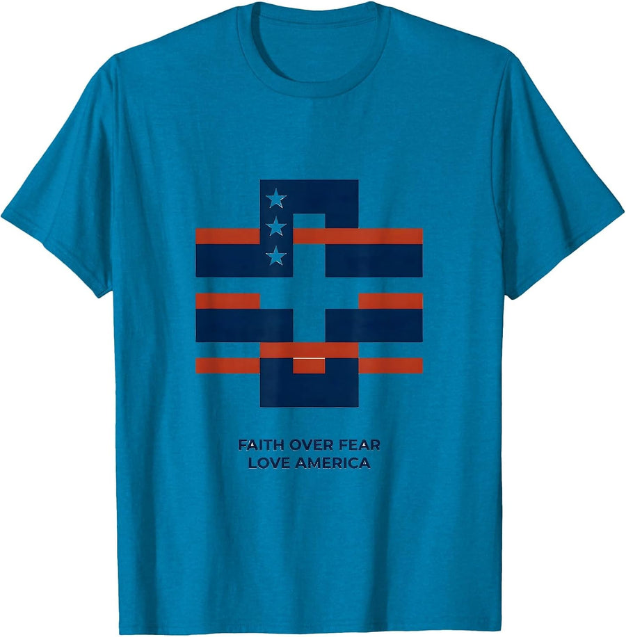 Faith Over Fear Love America Patriotic Christian Cross Flag T-Shirt - Sapphire Blue