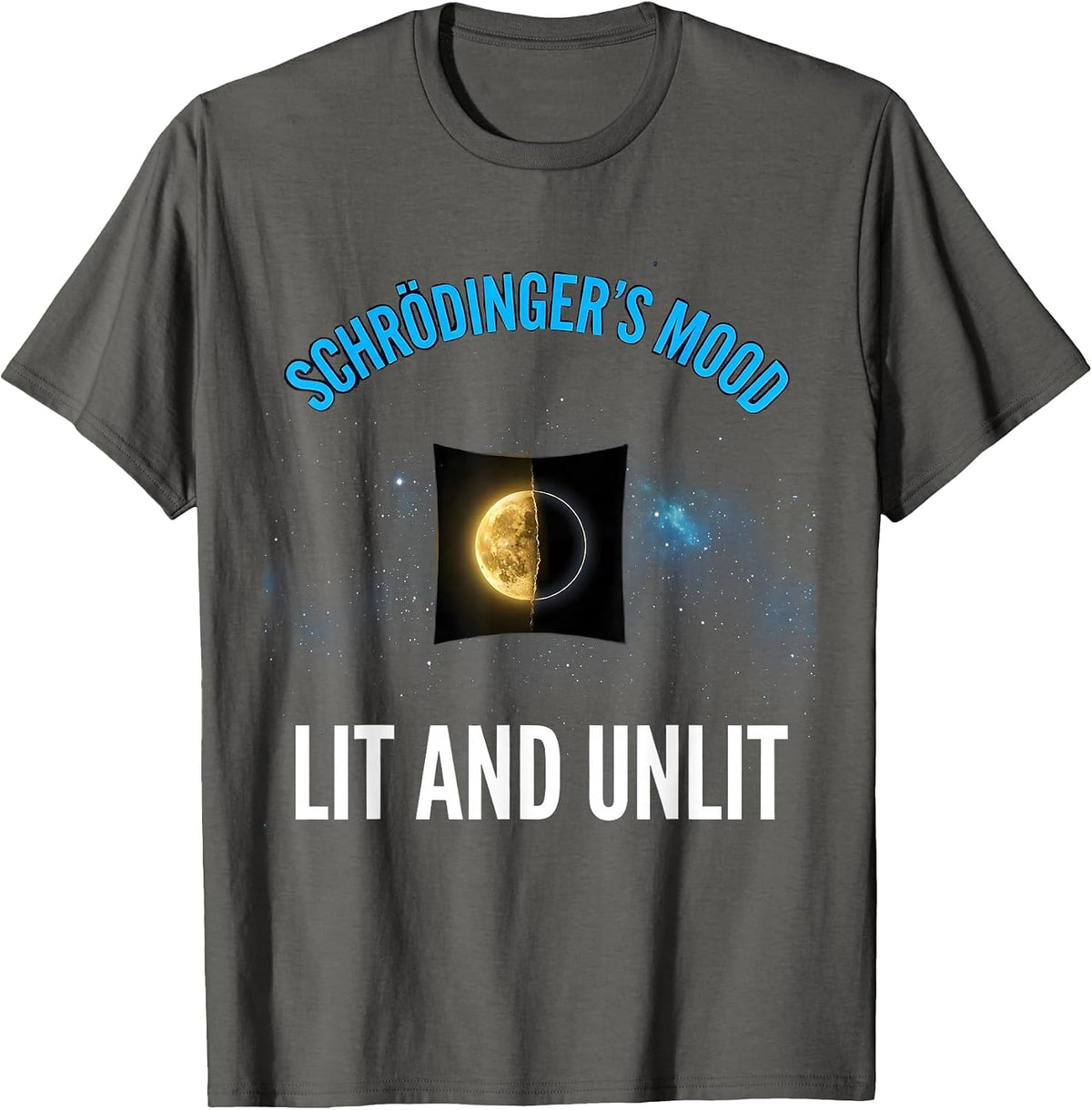 Men's Schrödinger's Mood Lit And Unlit Cosmic Quantum Physics T-Shirt - Asphalt Grey